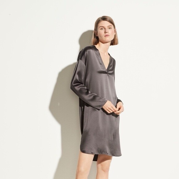 Vince Satin V-Neck Tunic Dress In Graphite